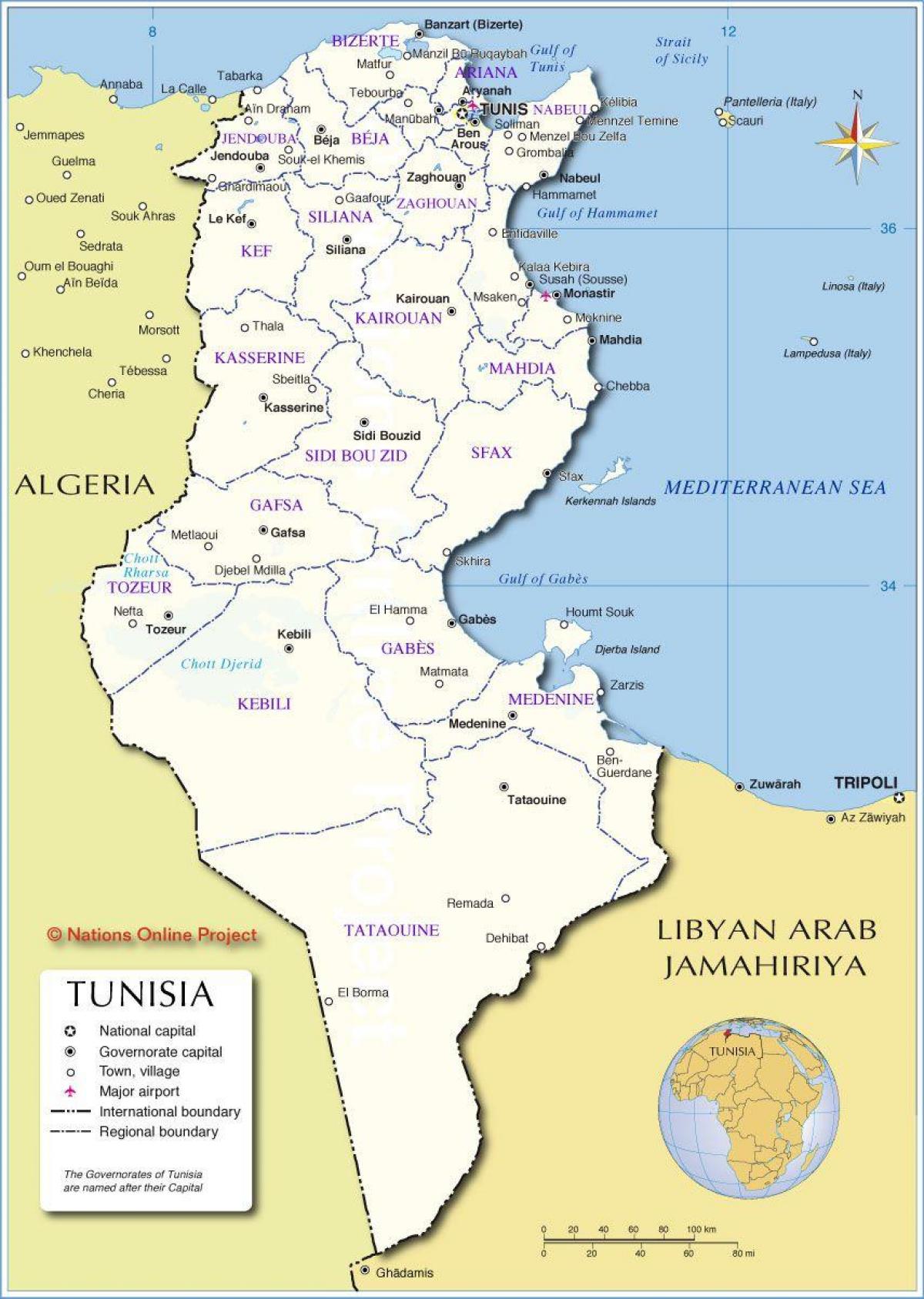 Mapa Tunezji i krajów graniczących