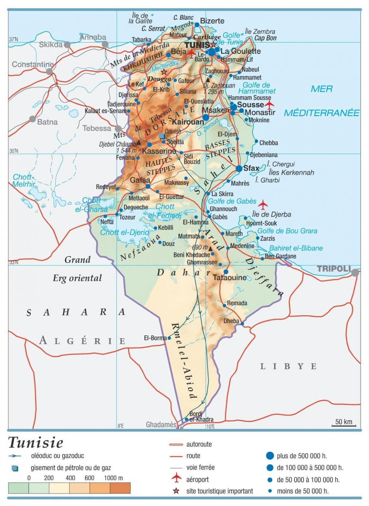 Mapa ukształtowania terenu Tunezji