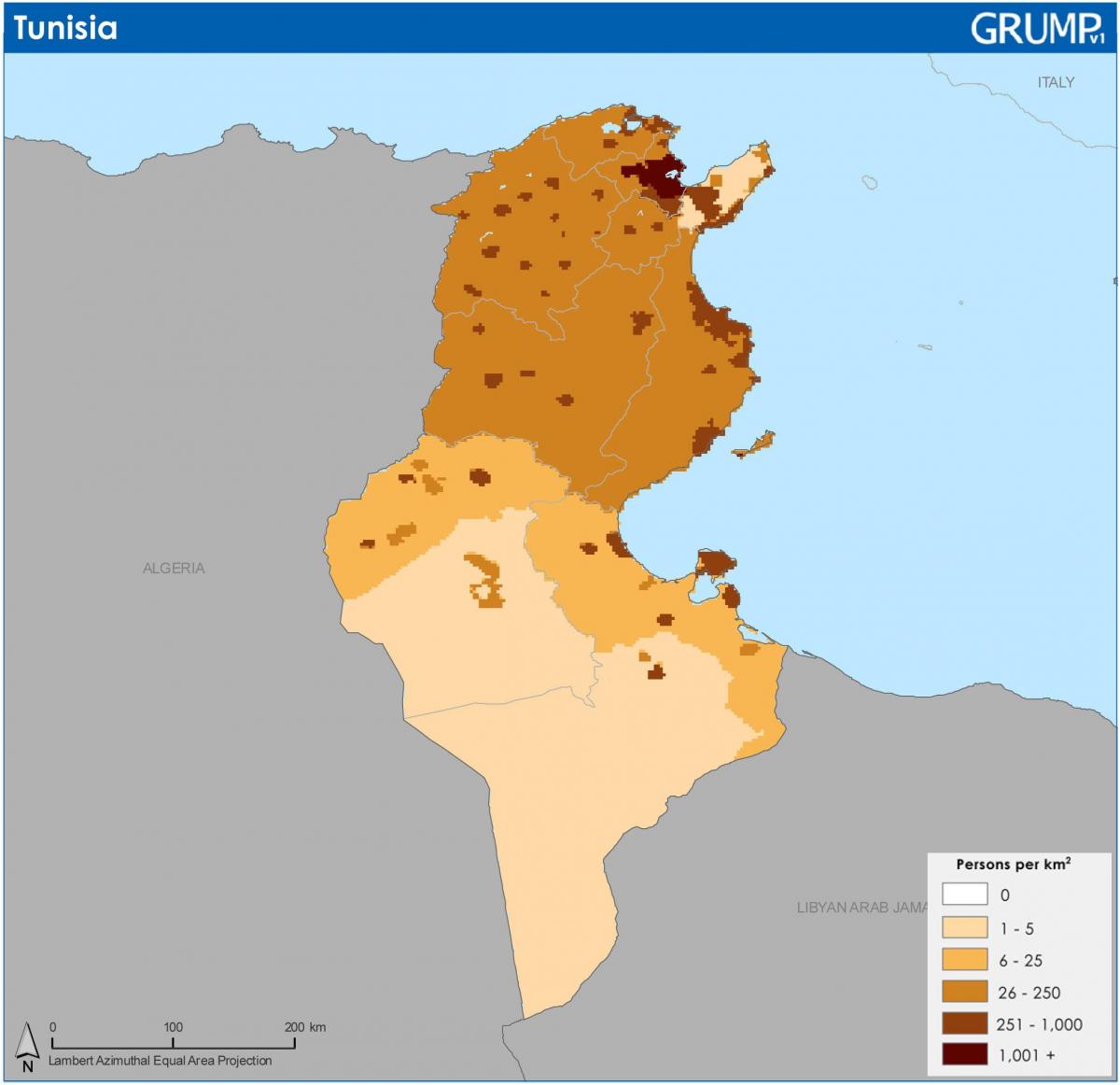 Mapa gęstości zaludnienia Tunezji